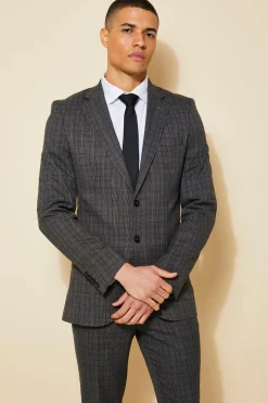 Skinny Single Breasted Check Suit Jacket | BoohooMAN UK