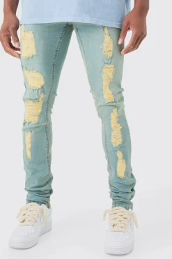 Skinny Stacked Distressed Ripped Jeans In Antique Blue | BoohooMAN UK