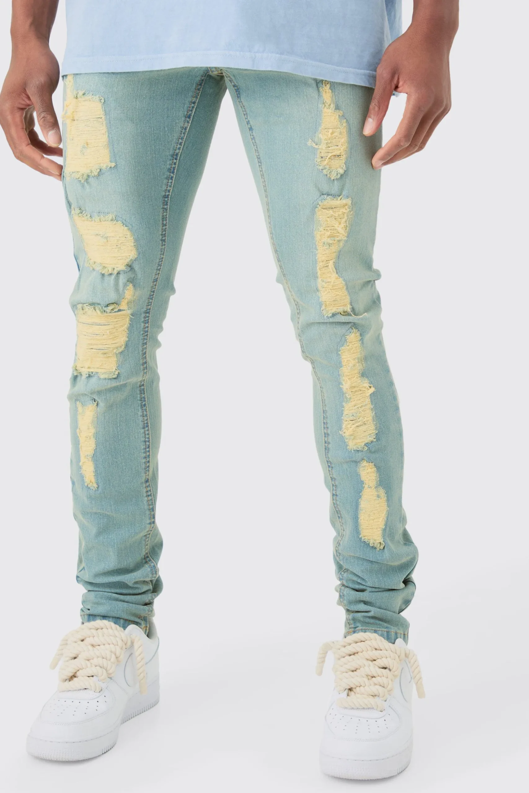 Skinny Stacked Distressed Ripped Jeans In Antique Blue | BoohooMAN UK