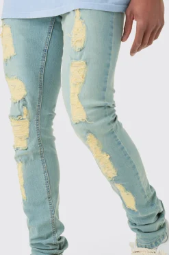 Skinny Stacked Distressed Ripped Jeans In Antique Blue | BoohooMAN UK