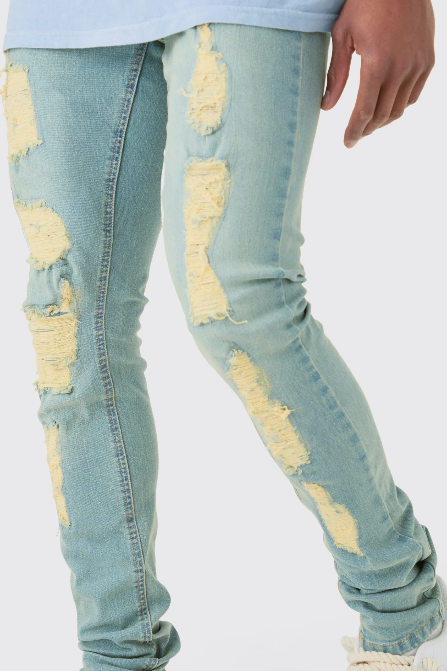 Skinny Stacked Distressed Ripped Jeans In Antique Blue | BoohooMAN UK