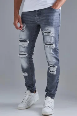 Skinny Stacked Distressed Ripped Jeans In Grey | BoohooMAN UK