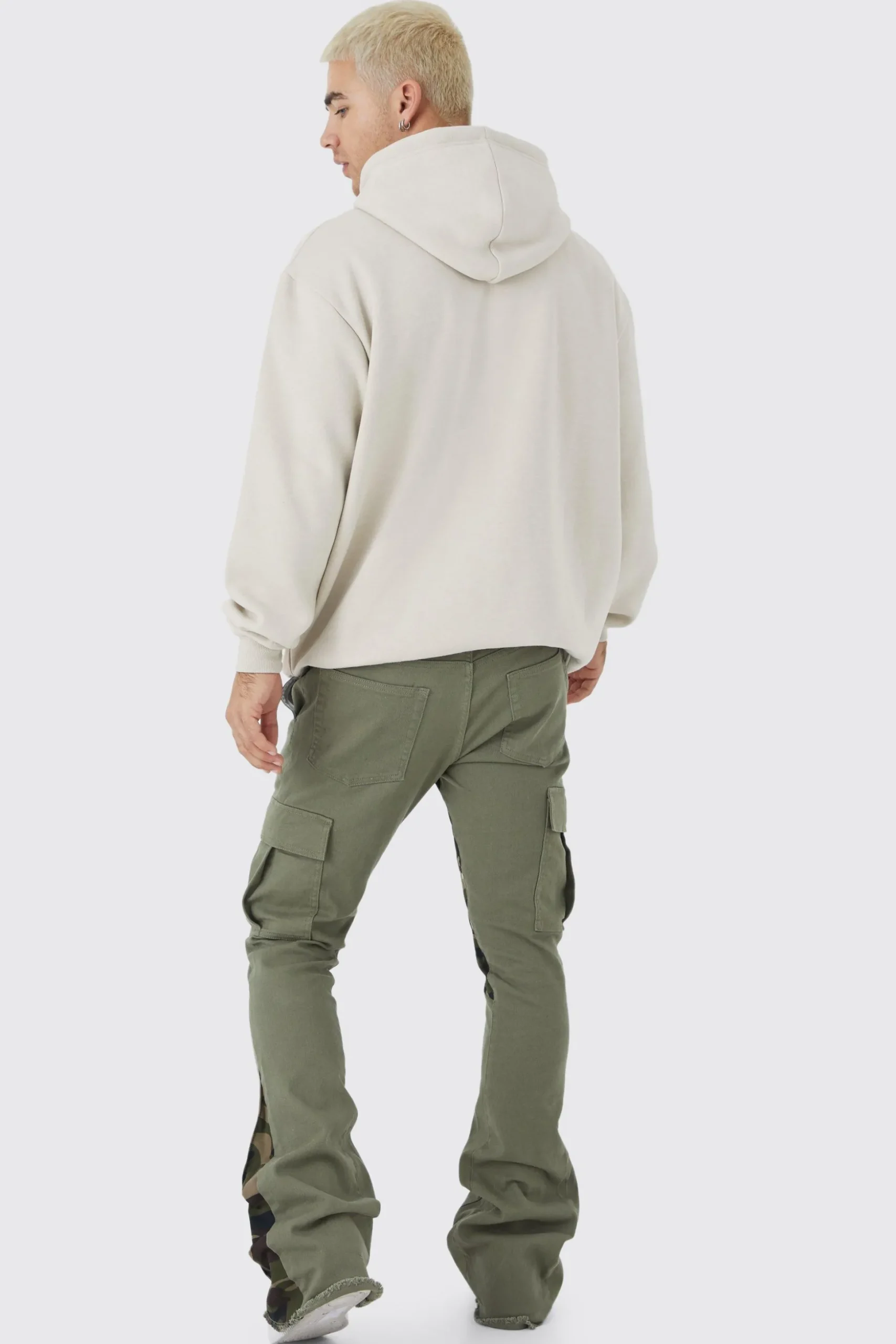 Skinny Stacked Flare Camo Gusset Cargo Trouser | BoohooMAN UK
