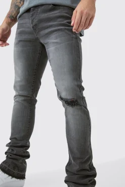 Skinny Stacked Flared Jeans With Knee Rip | BoohooMAN UK