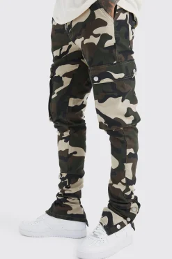 Skinny Stacked Popper Hem Camo Cargo Trouser | BoohooMAN UK