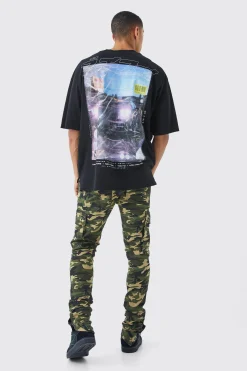 Skinny Stacked Popper Hem Camo Cargo Trouser | BoohooMAN UK