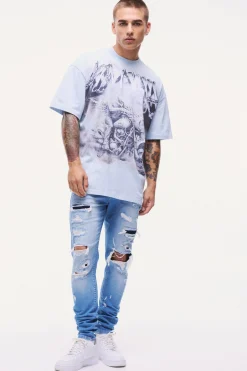 Skinny Stretch All Over Rip Bleached Denim Jean In Light Blue | BoohooMAN UK