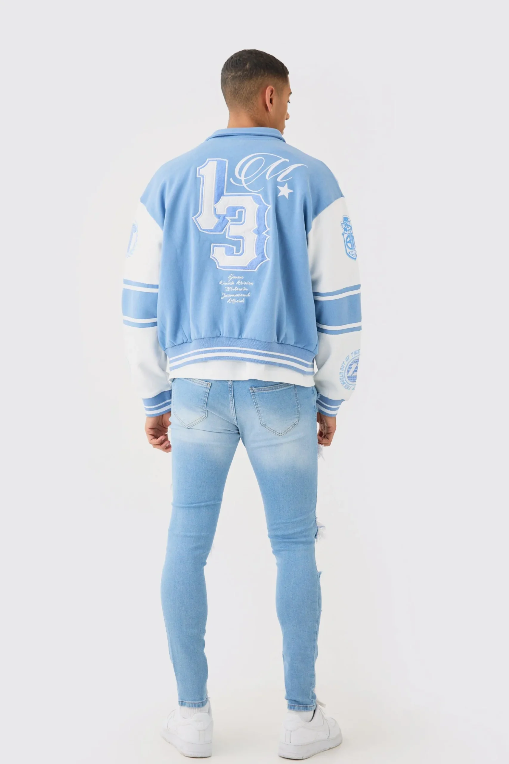 Skinny Stretch All Over Rip Bleached Denim Jean In Light Blue | BoohooMAN UK