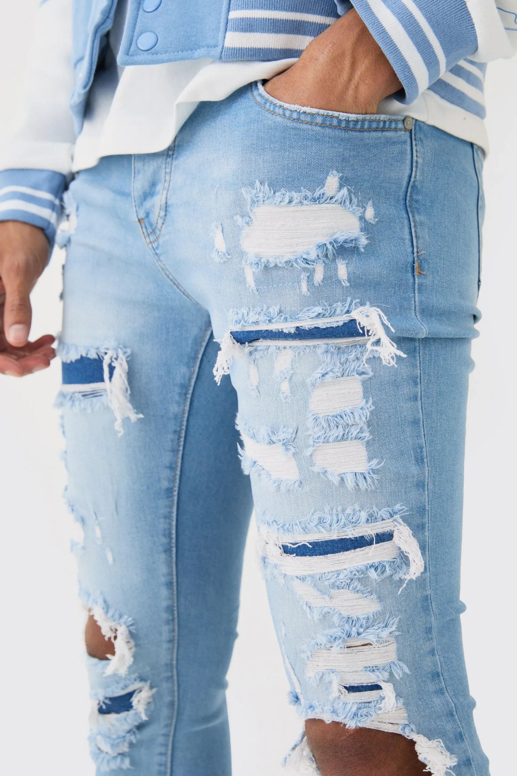 Skinny Stretch All Over Rip Bleached Denim Jean In Light Blue | BoohooMAN UK