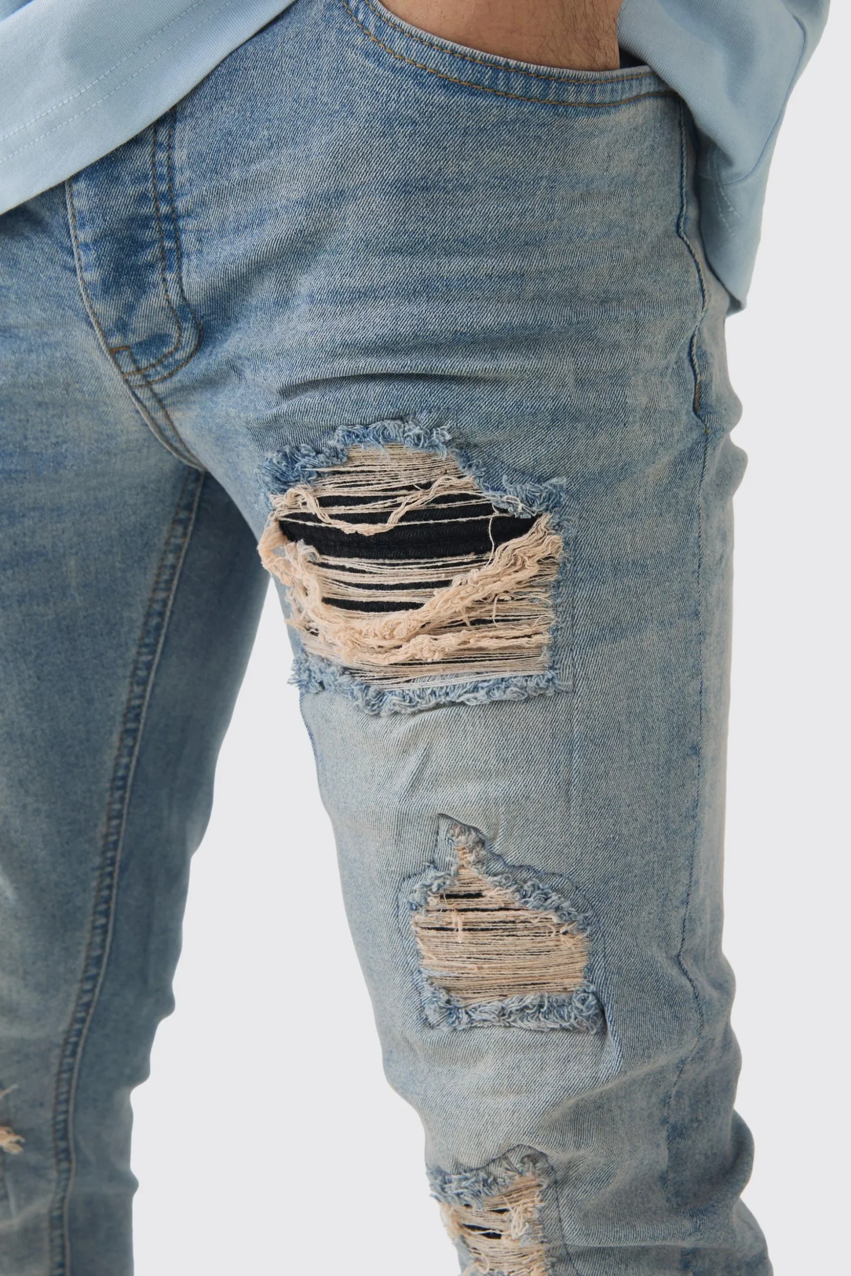 Skinny Stretch Black PU Biker Rip & Repair Jeans | BoohooMAN UK