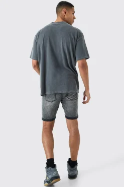 Skinny Stretch Denim Shorts In Charcoal | BoohooMAN UK