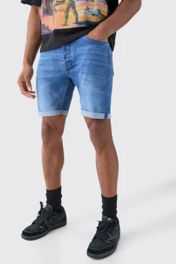 Skinny Stretch Denim Shorts In Mid Blue | BoohooMAN UK
