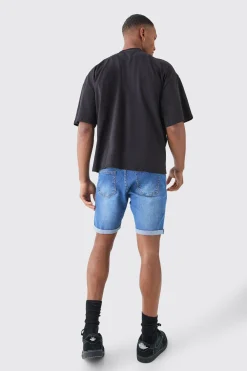 Skinny Stretch Denim Shorts In Mid Blue | BoohooMAN UK