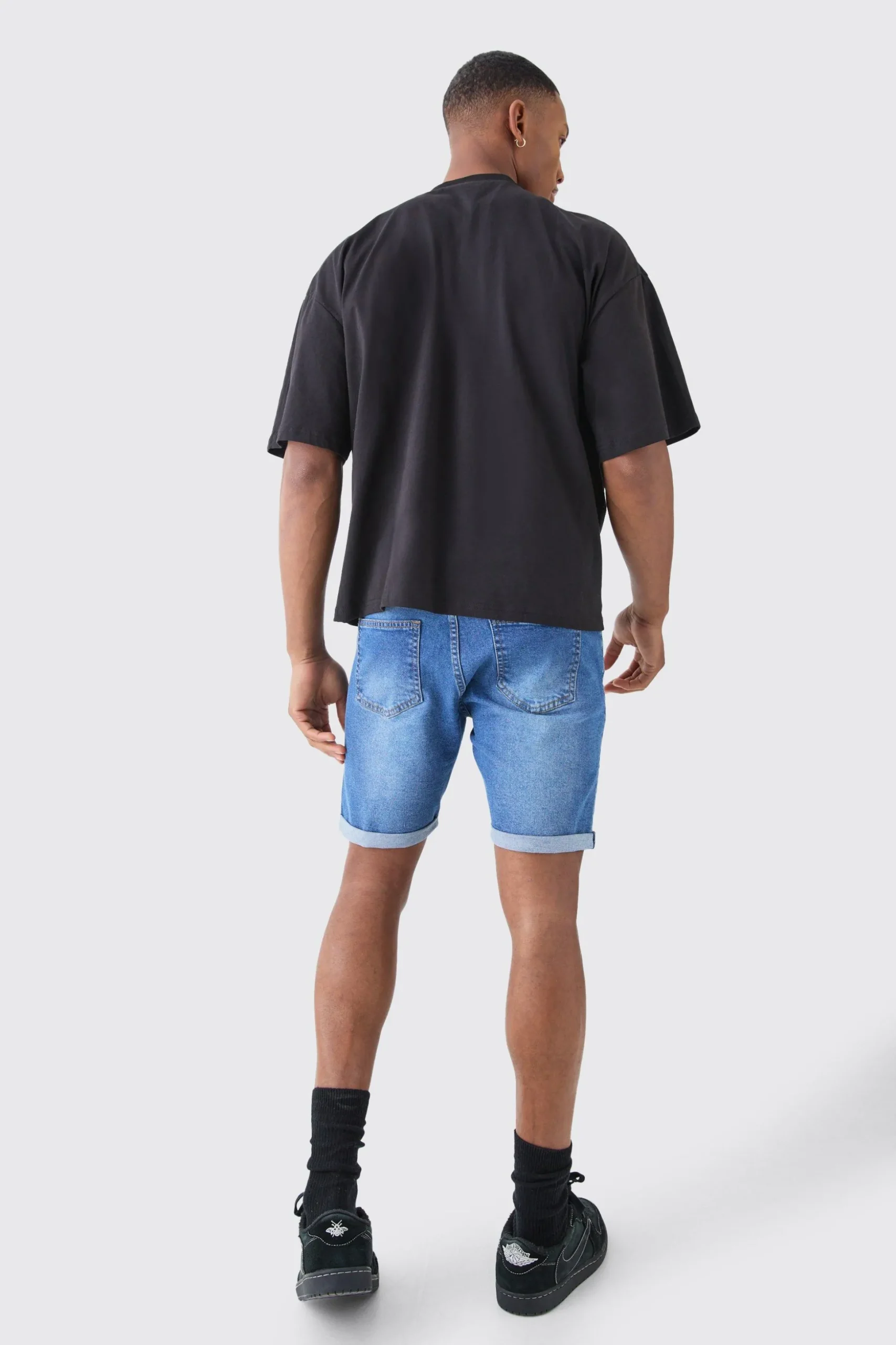 Skinny Stretch Denim Shorts In Mid Blue | BoohooMAN UK