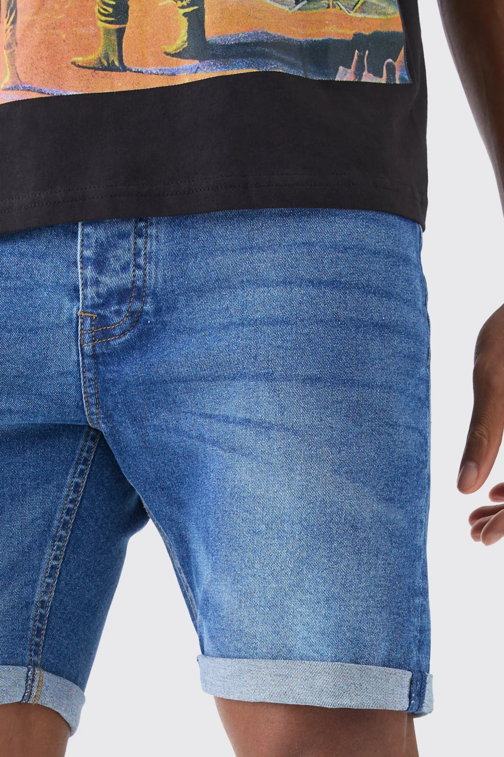 Skinny Stretch Denim Shorts In Mid Blue | BoohooMAN UK