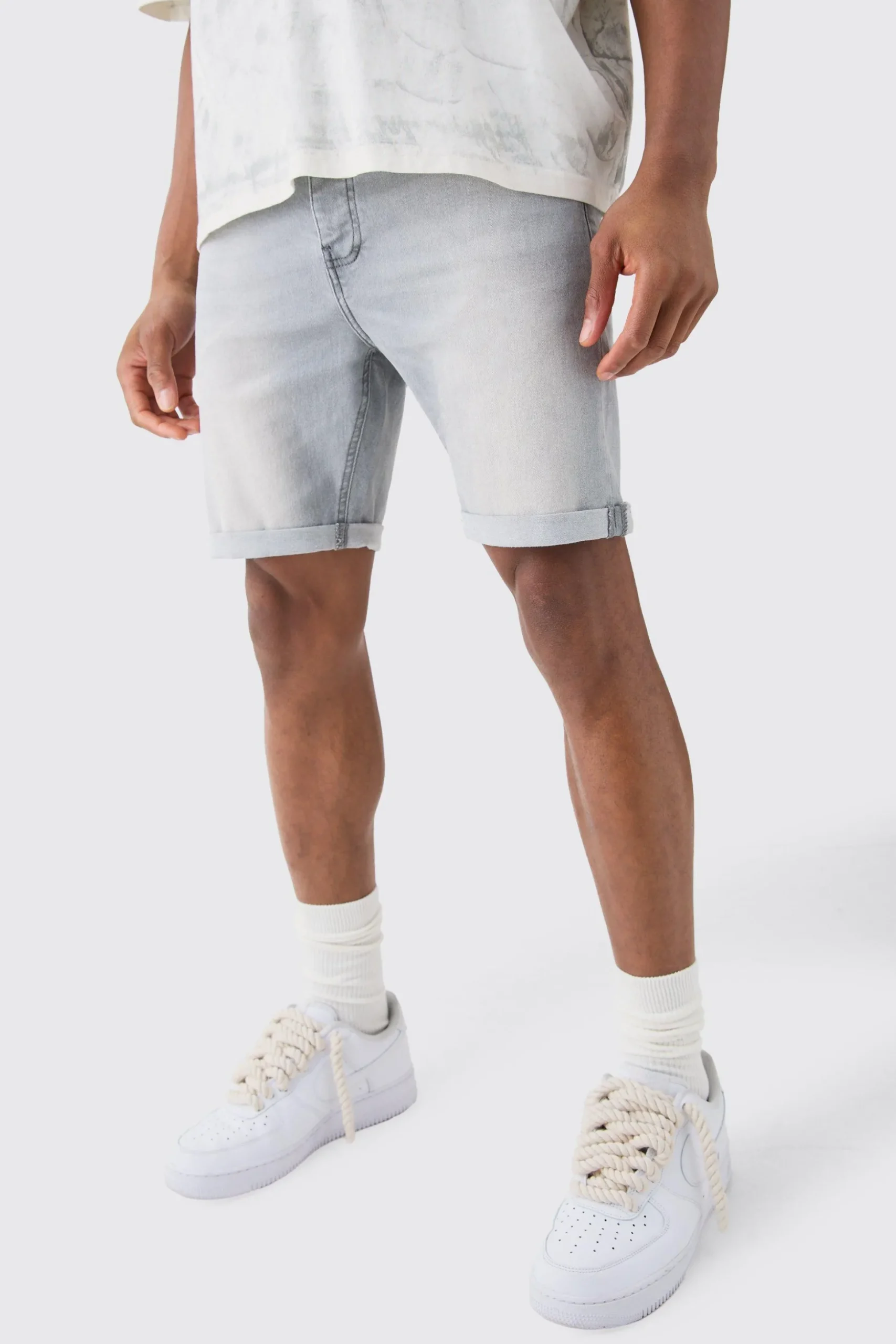 Skinny Stretch Denim Shorts In Light Grey | BoohooMAN UK