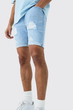 Skinny Stretch Distressed Denim Shorts In Light Blue | BoohooMAN UK