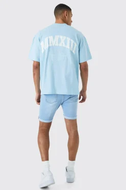 Skinny Stretch Distressed Denim Shorts In Light Blue | BoohooMAN UK