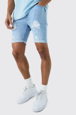 Skinny Stretch Distressed Denim Shorts In Light Blue | BoohooMAN UK
