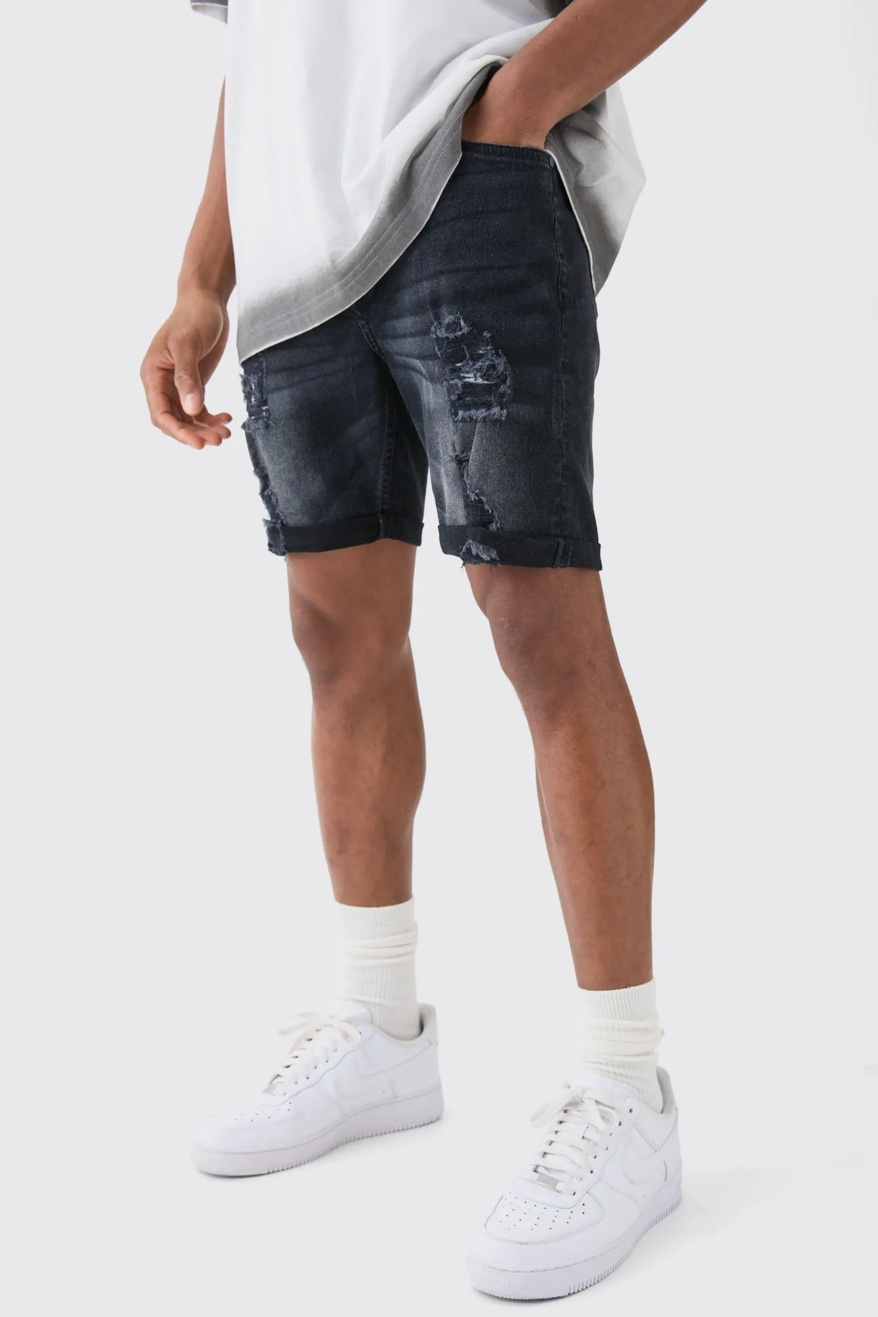 Skinny Stretch Distressed Denim Shorts In Washed Black | BoohooMAN UK