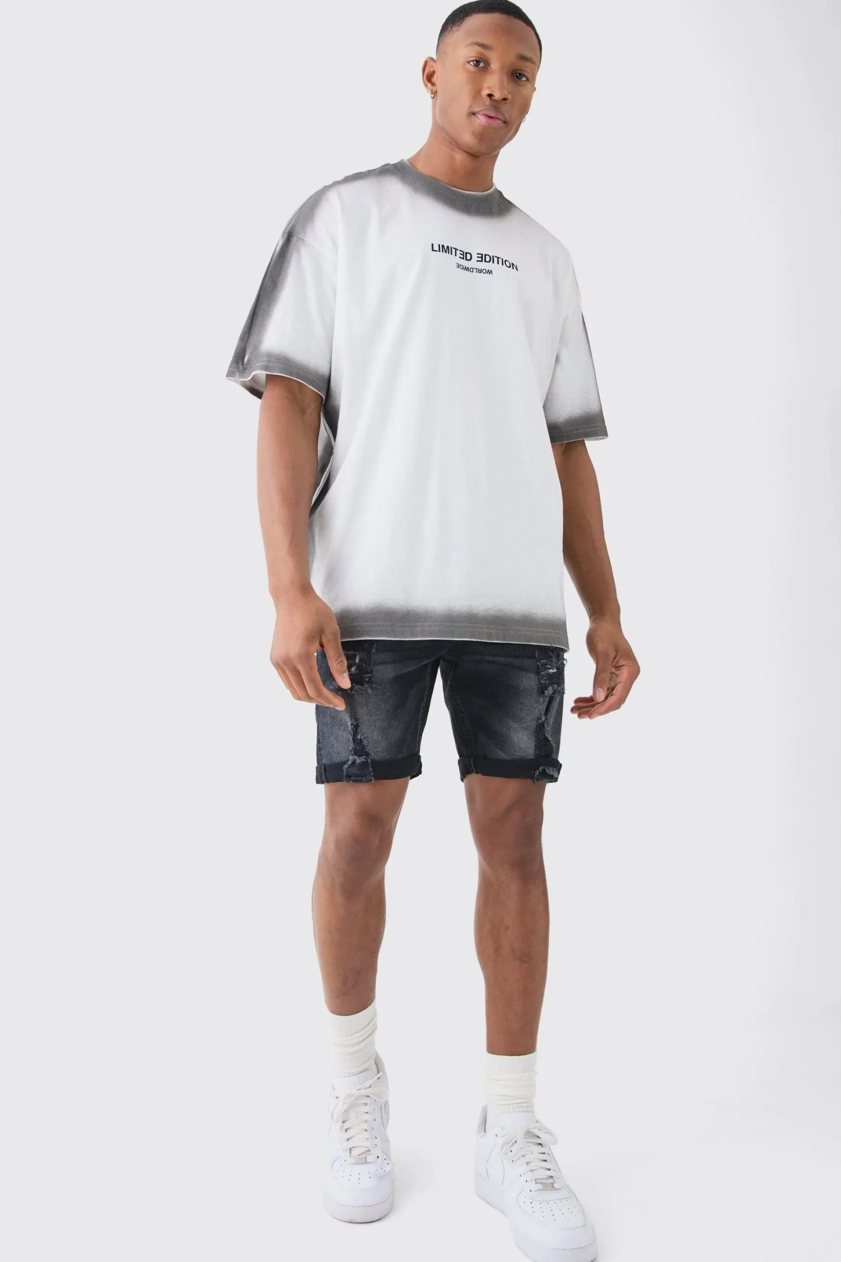 Skinny Stretch Distressed Denim Shorts In Washed Black | BoohooMAN UK