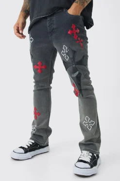 Skinny Stretch Flare Cross Applique Jeans | BoohooMAN UK