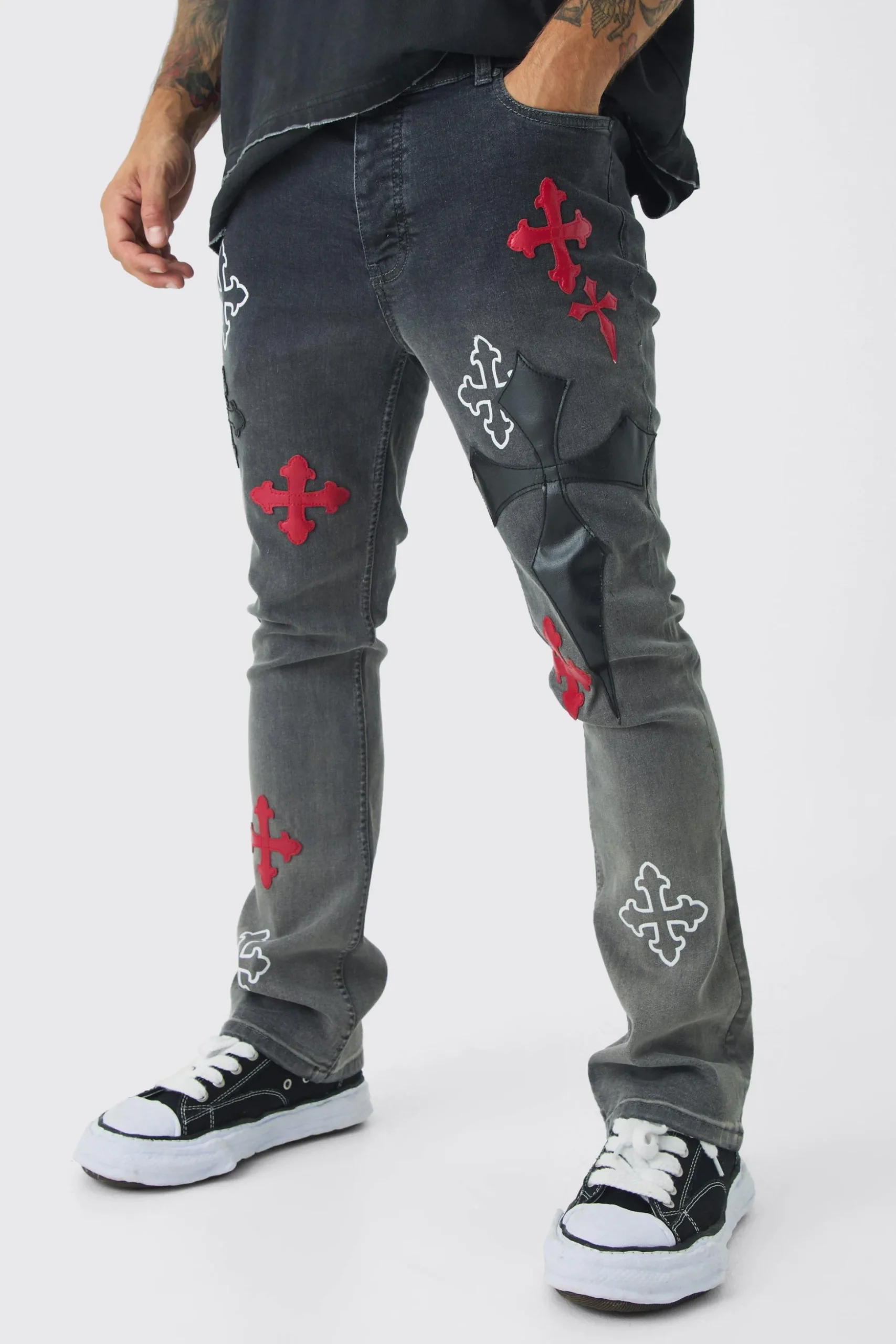 Skinny Stretch Flare Cross Applique Jeans | BoohooMAN UK