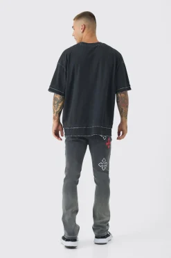 Skinny Stretch Flare Cross Applique Jeans | BoohooMAN UK