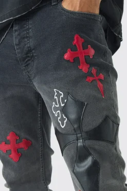 Skinny Stretch Flare Cross Applique Jeans | BoohooMAN UK