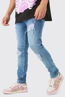Skinny Stretch Lilac Pu Biker Rip & Repair Jeans | BoohooMAN UK