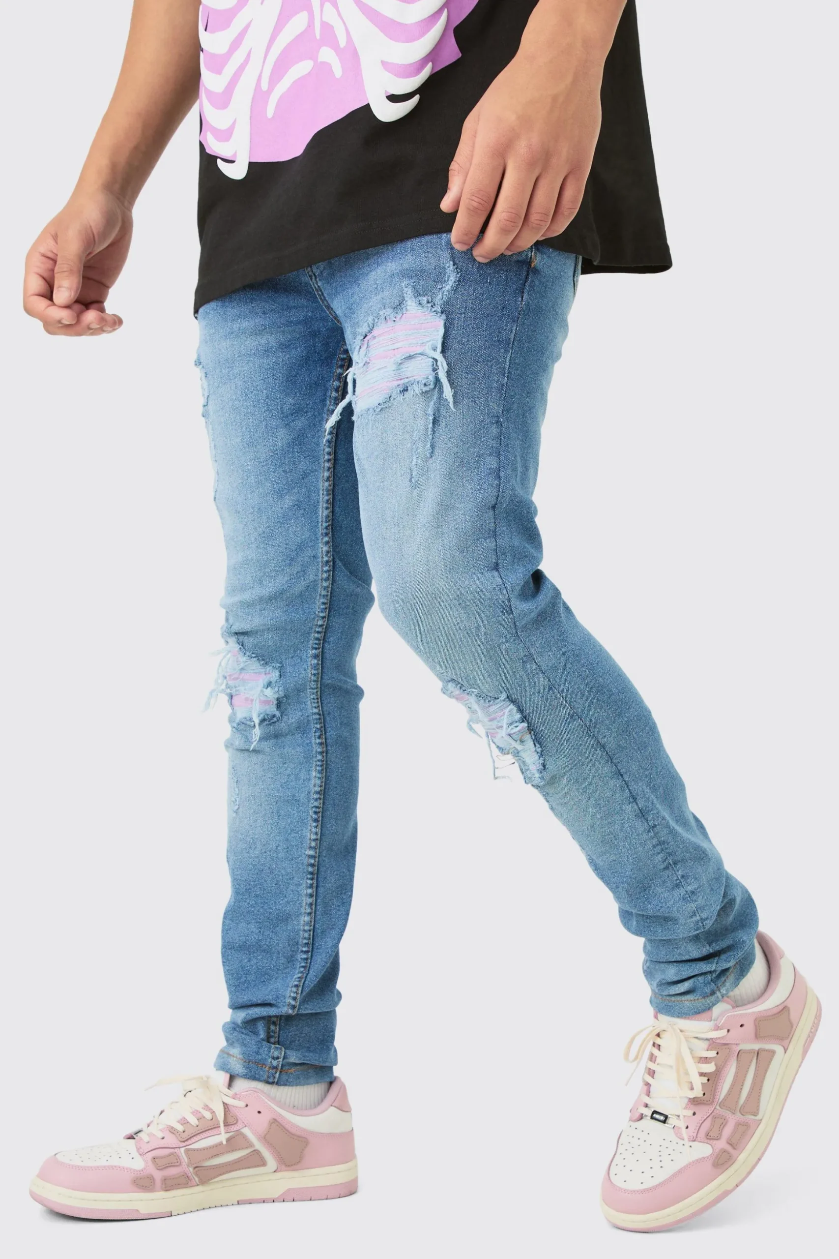 Skinny Stretch Lilac Pu Biker Rip & Repair Jeans | BoohooMAN UK