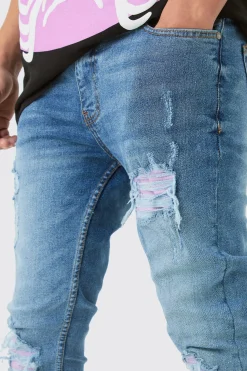 Skinny Stretch Lilac Pu Biker Rip & Repair Jeans | BoohooMAN UK