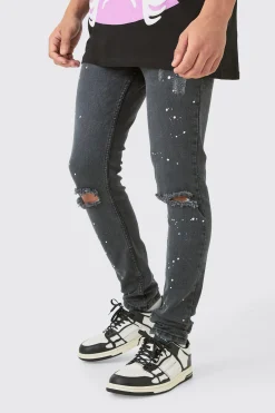 Skinny Stretch Paint Splatter Ripped Jeans | BoohooMAN UK