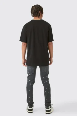Skinny Stretch Paint Splatter Ripped Jeans | BoohooMAN UK