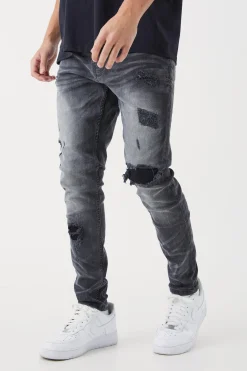Skinny Stretch Rip & Repair Self Fabric Jeans | BoohooMAN UK