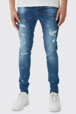 Skinny Stretch Rip & Repair Paint Splatter Jeans | BoohooMAN UK