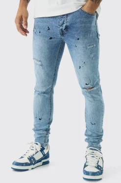 Skinny Stretch Rip & Repair Paint Splatter Jeans | BoohooMAN UK