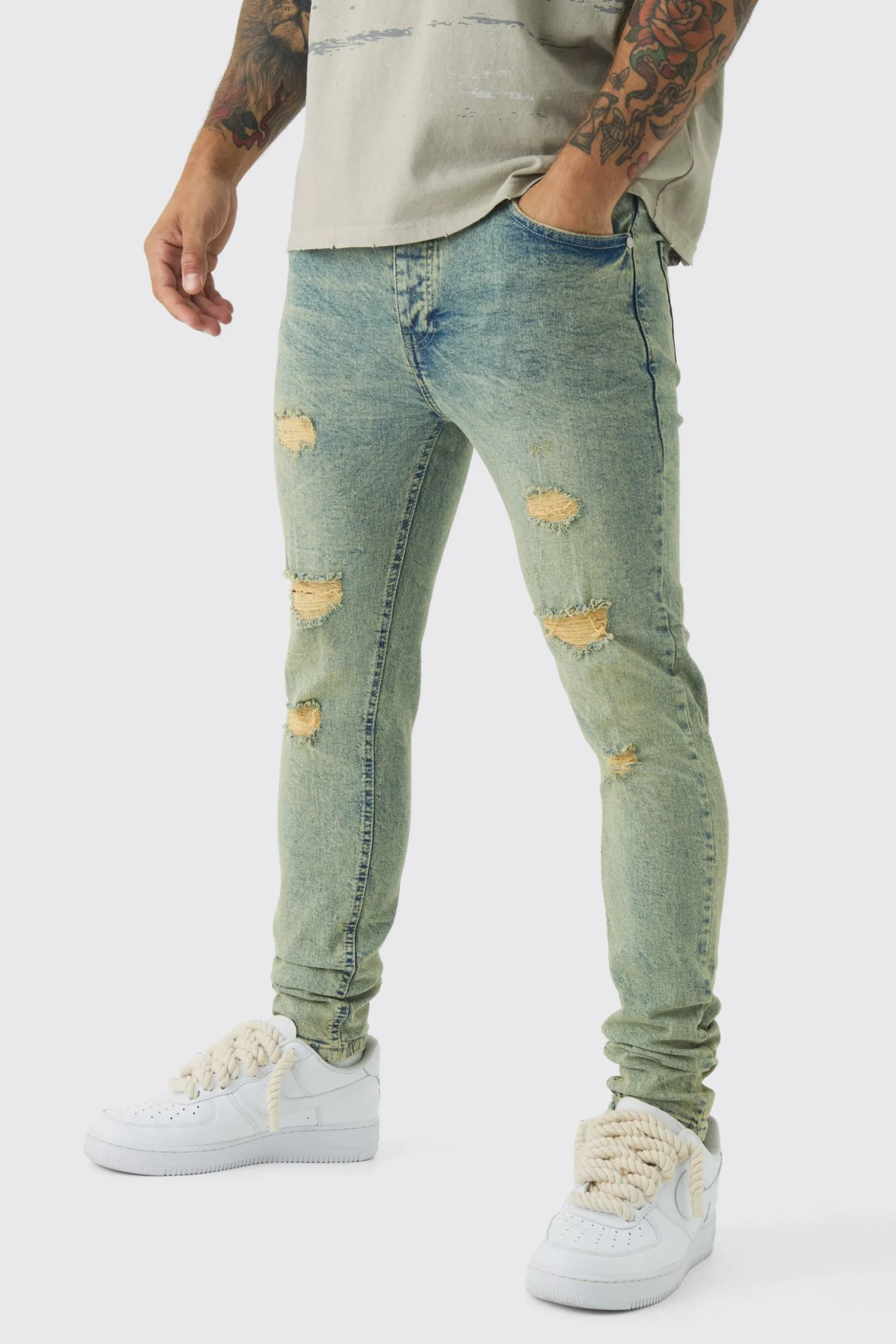 Skinny Stretch Rip & Repair Dirty Wash Jeans | BoohooMAN UK