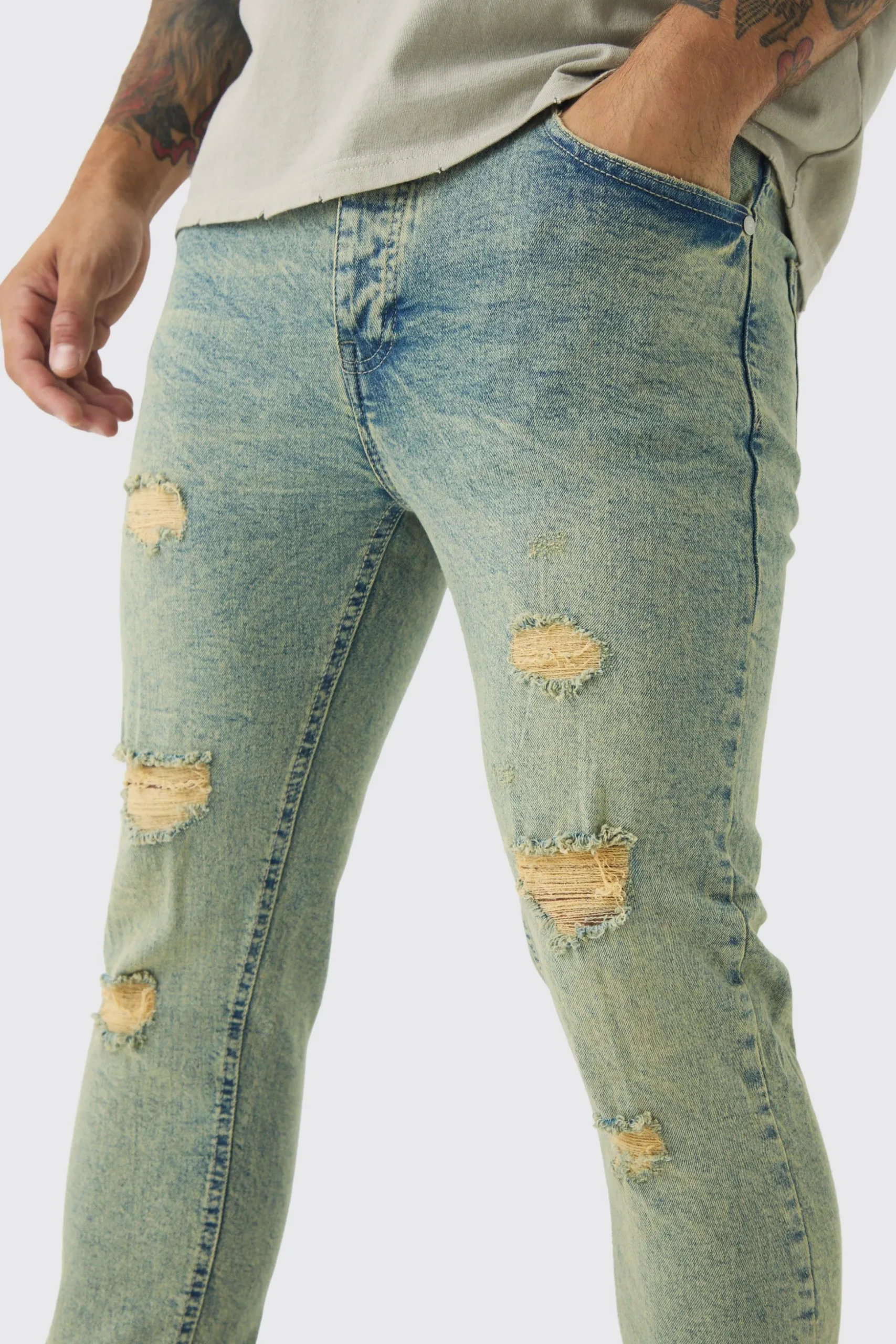 Skinny Stretch Rip & Repair Dirty Wash Jeans | BoohooMAN UK
