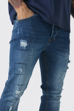 Skinny Stretch Rip & Repair Patchwork Jeans | BoohooMAN UK