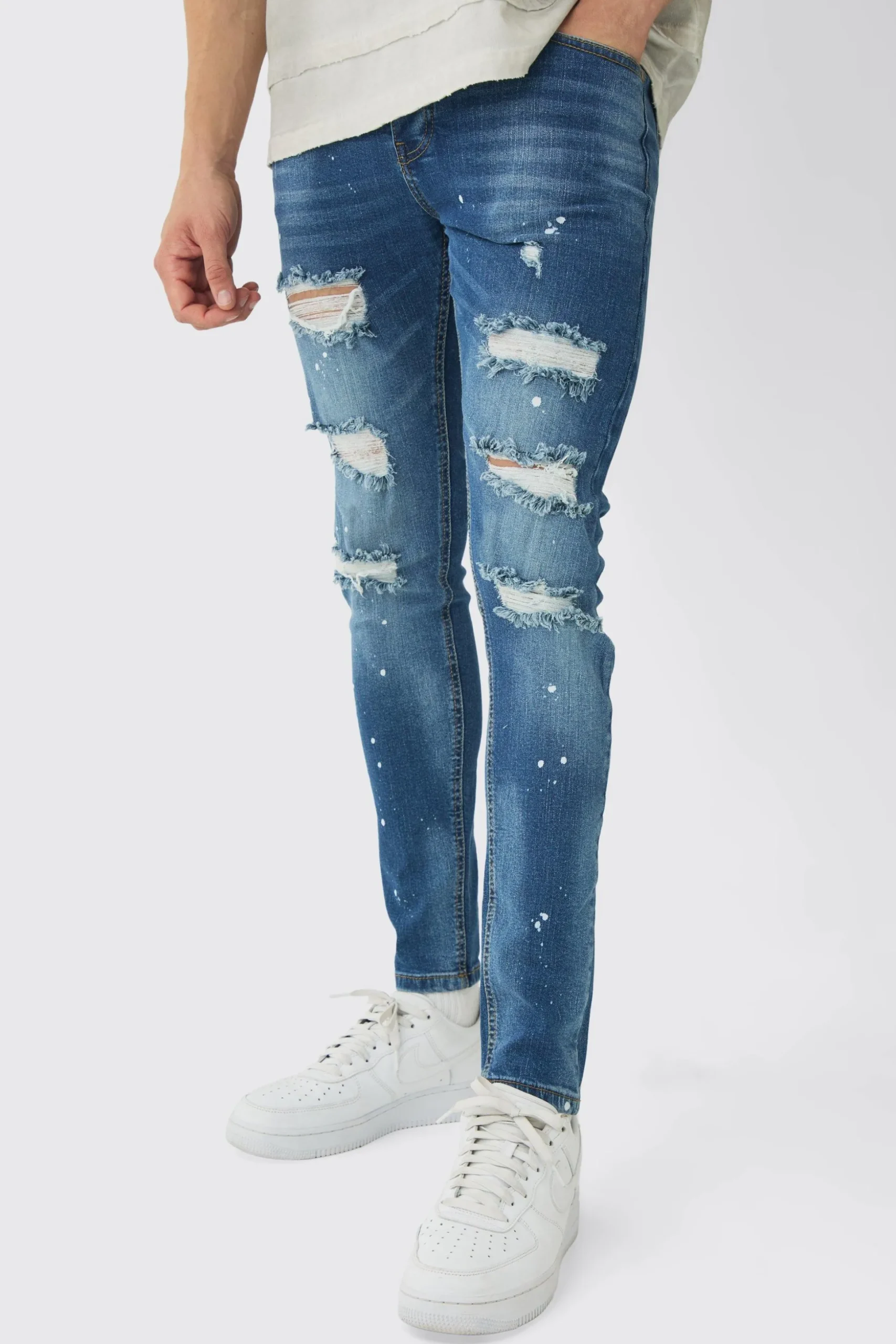 Skinny Stretch Rip & Repair Paint Splatter Jeans | BoohooMAN UK