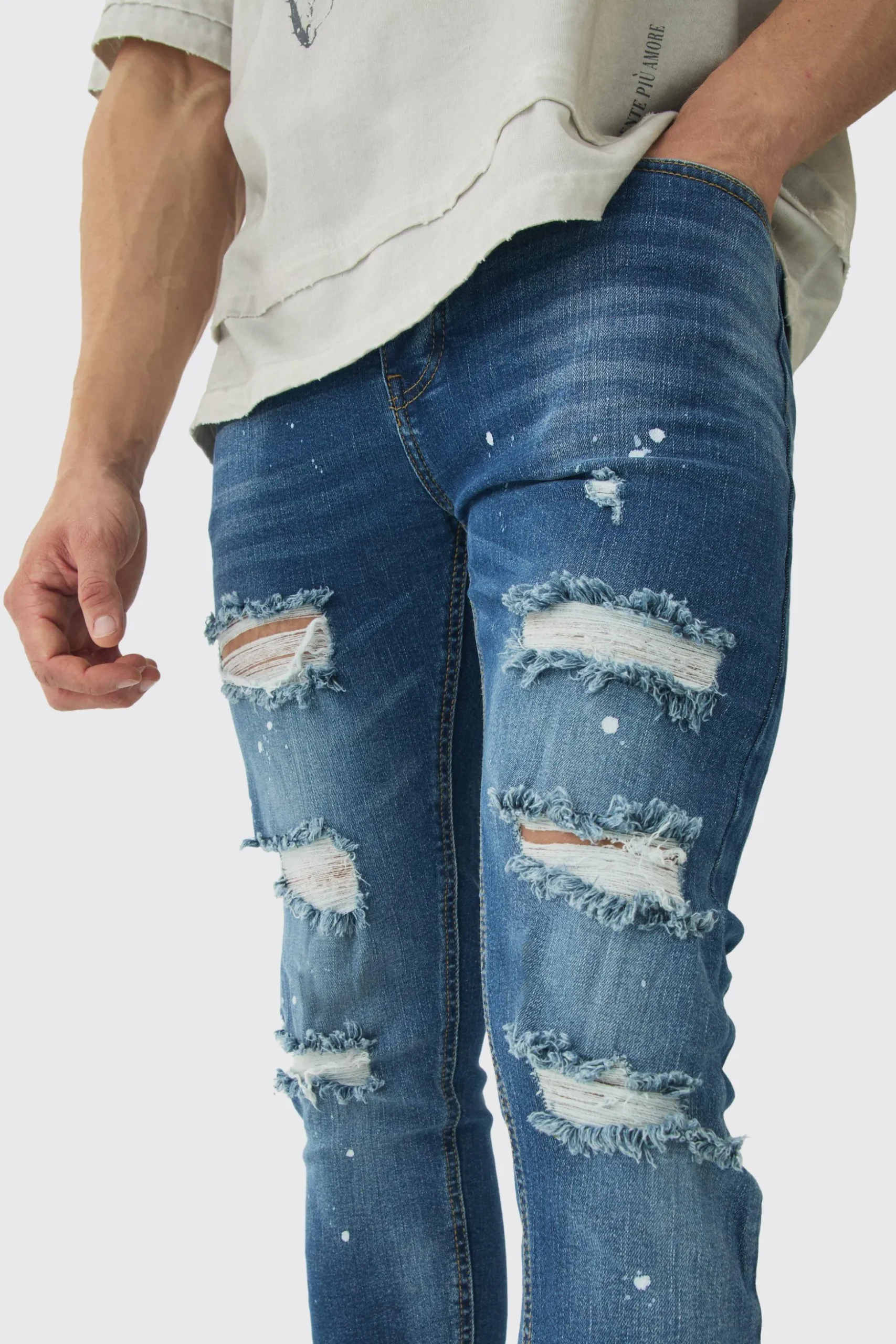 Skinny Stretch Rip & Repair Paint Splatter Jeans | BoohooMAN UK