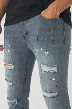 Skinny Stretch Rip & Repair Paint Splatter Jeans | BoohooMAN UK