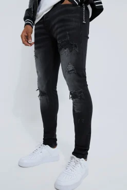 Skinny Stretch Rip And Repair Biker Jeans | BoohooMAN UK