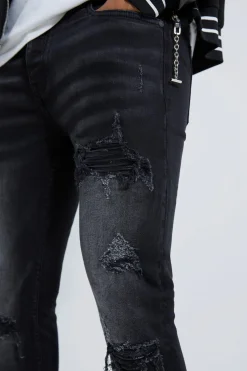 Skinny Stretch Rip And Repair Biker Jeans | BoohooMAN UK