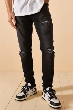 Skinny Stretch Ripped Bandana Jeans In Washed Black | BoohooMAN UK