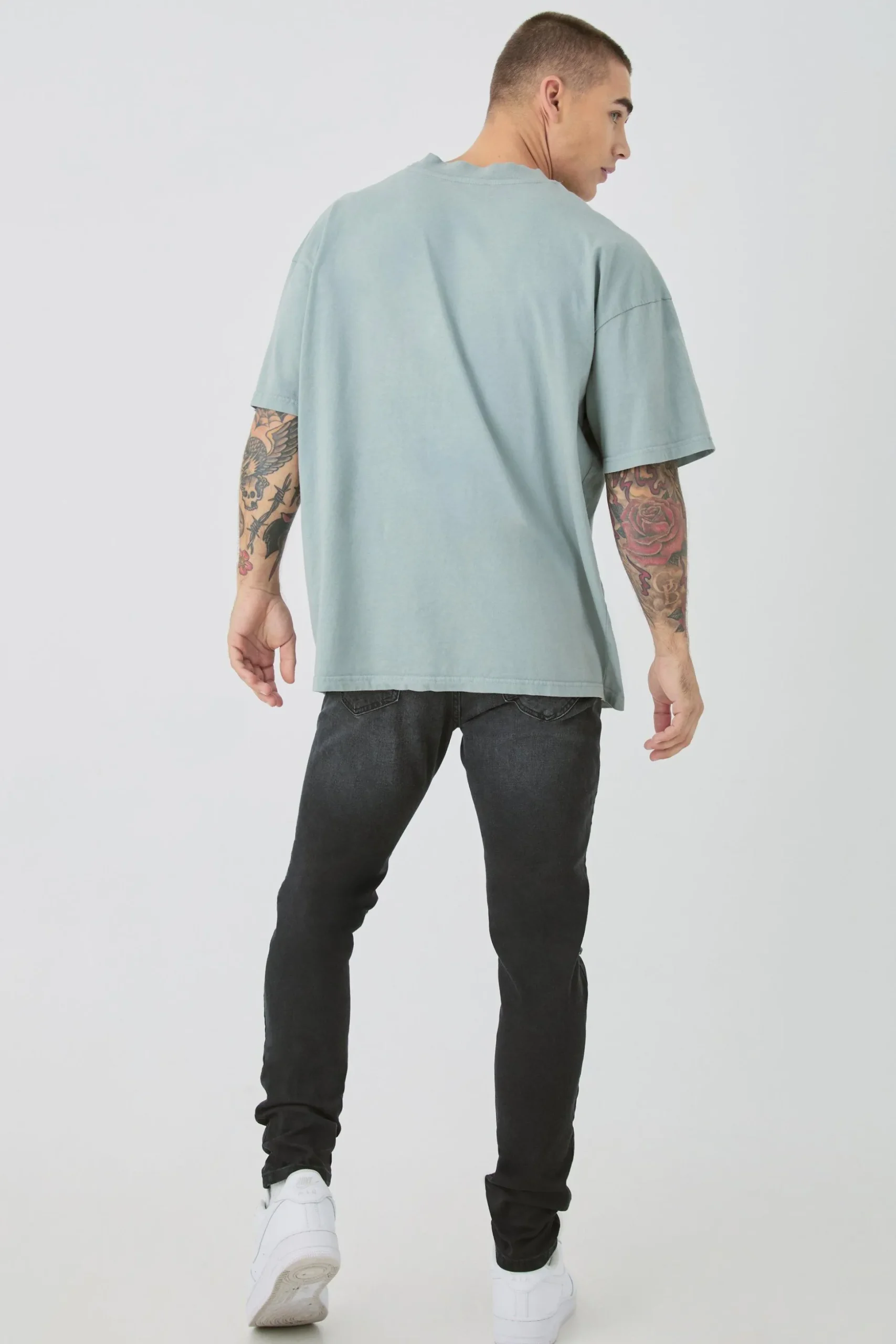 Skinny Stretch Ripped Bandana Jeans In Washed Black | BoohooMAN UK