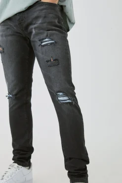 Skinny Stretch Ripped Bandana Jeans In Washed Black | BoohooMAN UK