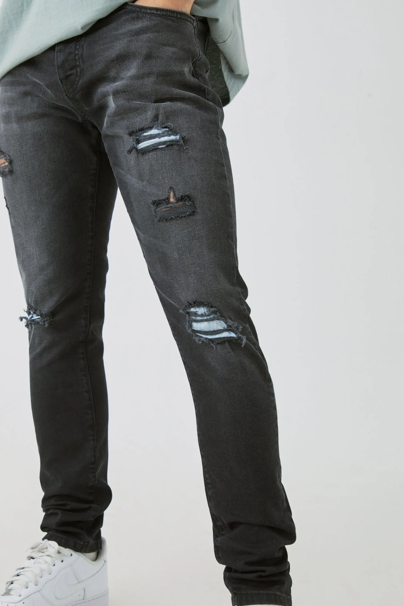 Skinny Stretch Ripped Bandana Jeans In Washed Black | BoohooMAN UK
