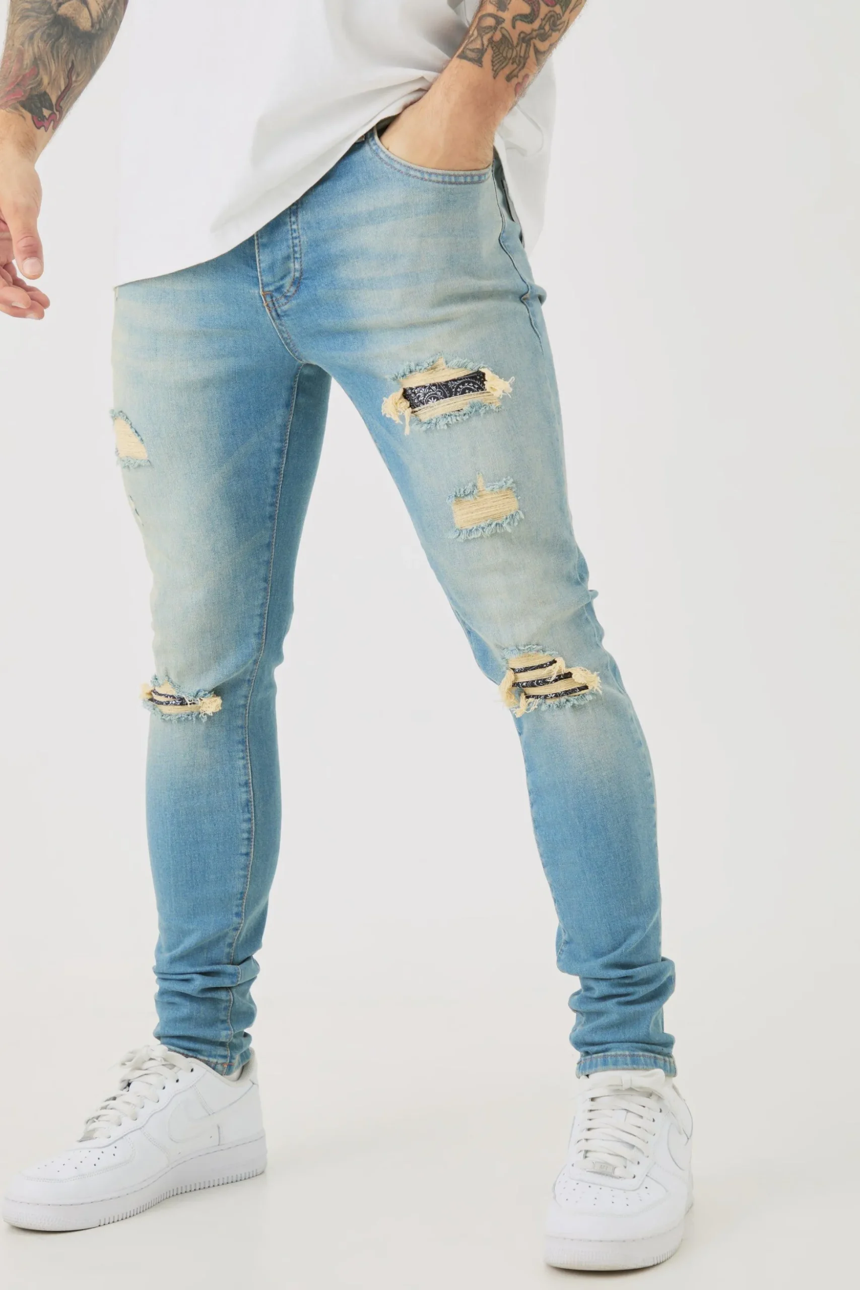Skinny Stretch Ripped Bandana Jeans In Light Blue | BoohooMAN UK